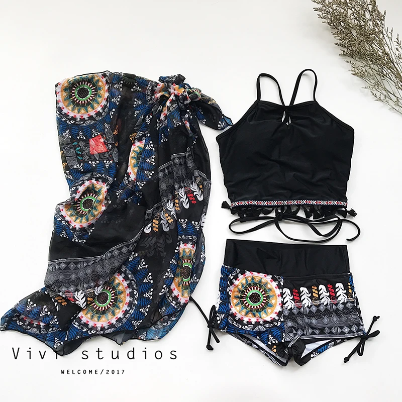 

2018 Summer Retro Floral Swimwear Women Sexy Girls 3 in 1 Bikini Set Push Up Swimsuit with Beach Cover-Ups Bathing Suit