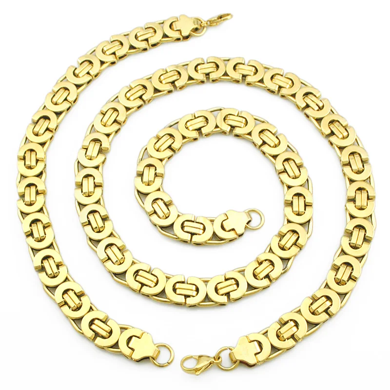 

ATGO Mens Gold Color Chain Stainless Steel Necklace Bracelet set Flat Byzantine fashion necklaces for women Punk Party Biker