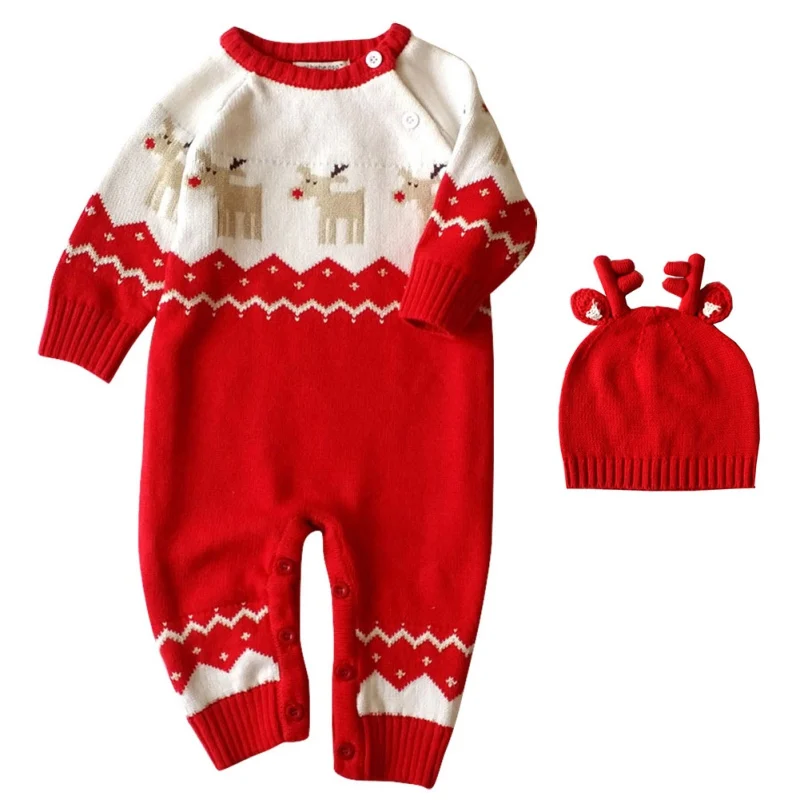 

Baby Winter Warm Long Sleeve Rompers With Hat Newborn Baby Christmas Knitted Clothes Deer Pattern Rompers