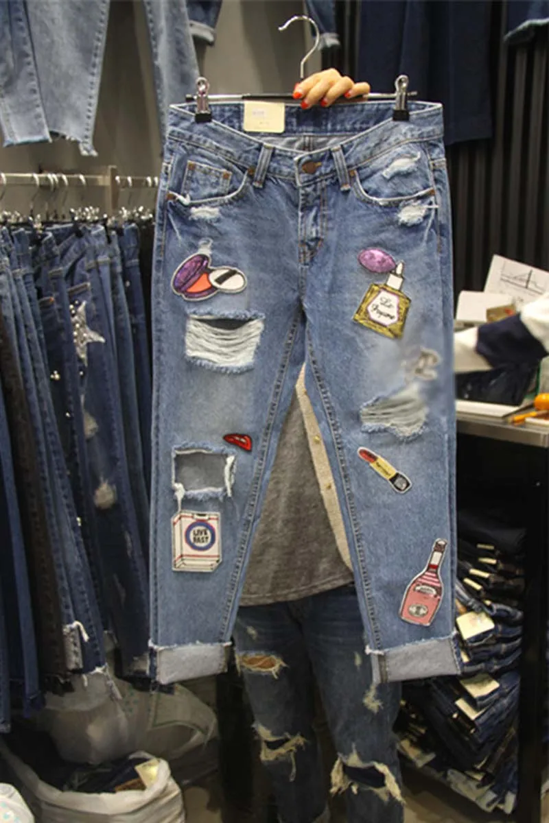 Длинные штаны шаровары Инди фолк умягчитель регулярные промывают джинсы для женщин женщина отбеливать стирка Кнопка Fly узор карманы