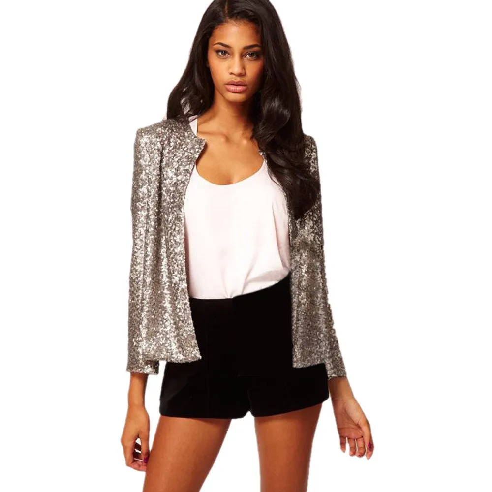 

2018 New Spring Autumn Women Long Sleeve Coats Vintage Silver Shiny Paillette Jacket Casual Loose Sequin Basic Coats