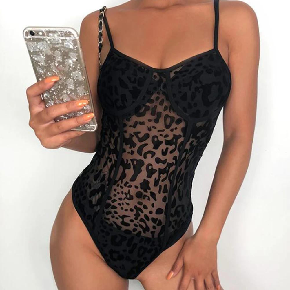 

Women's Sexy Leopard Mesh Bodysuit Summer Black Sleeveless Bodycon Bodysuit Perspective Spaghetti Strap Party Rompers Overalls