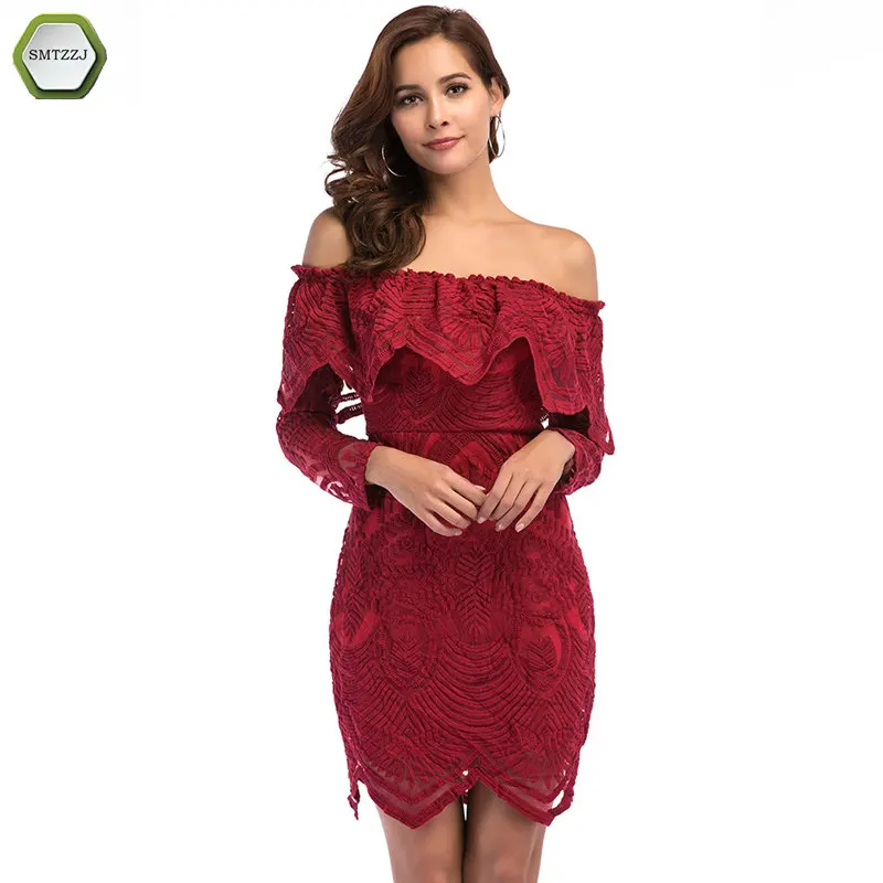 

SMTZZJ 2018 Women Red Lace Solid Sexy Froral Long Sleeve Strapless Midi Dress Elegant Bodycon Dress Party Clubwear Loose dress