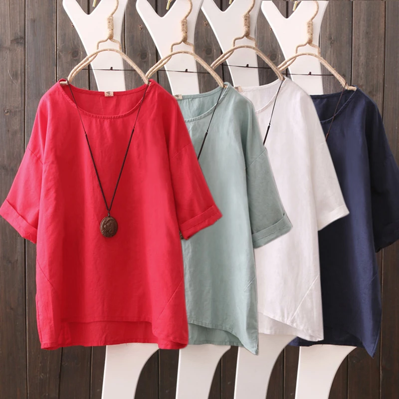 

2019 New Summer Womens Casual Short Sleeve Irregular Ladies Street Blouse Daily Baggy Crew Neck Tops Blouse S-5XL Multicolor