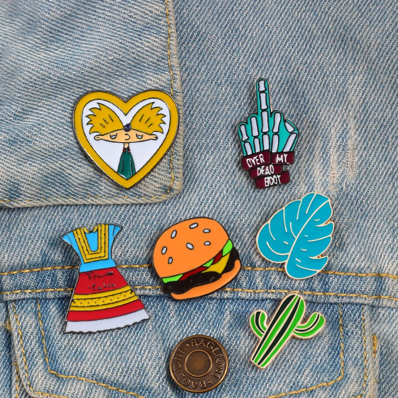 

Cartoon anime brooches pins Heart Middle finger burger leaf skirt cactus Button Lapel Pin women Badge Jewelry Accessories gifts