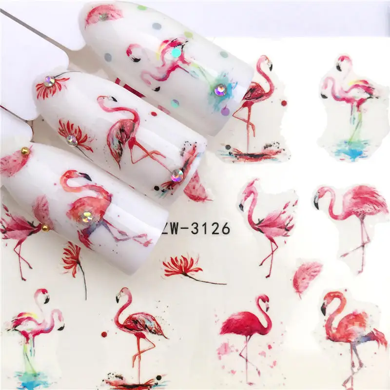 

ZKO 2019 New Arrivial Nail Stickers Feather Series Water Decal Flamingo Plant Pattern 3D Manicure Sticker Nail Water Sticker