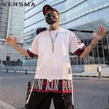 VERSMA японский Harajuku BF винтажная клетчатая Лоскутная футболка мужская летняя Высокая уличная хип-хоп панк рваные поддельные две части Мужская футболка