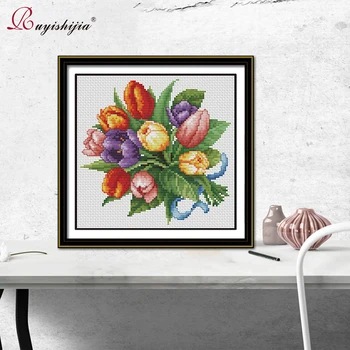 

RUYISHIJIA Cross Stitch Set DIY Beginners Needlework Embroidery Restaurant decoration painting Tulips for Cross-stitch kits