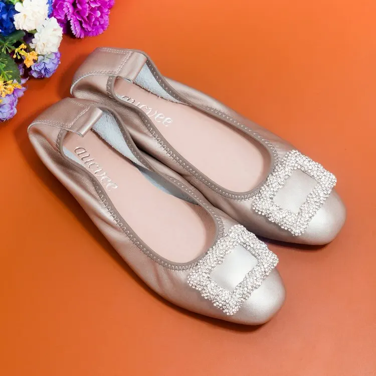 Handmade 100% Genuine Leather Women Shoes Simple style Footwear Women soft Cowhide Loafer Crystal Buckle Lady  Ballet Flat Shoes (9)