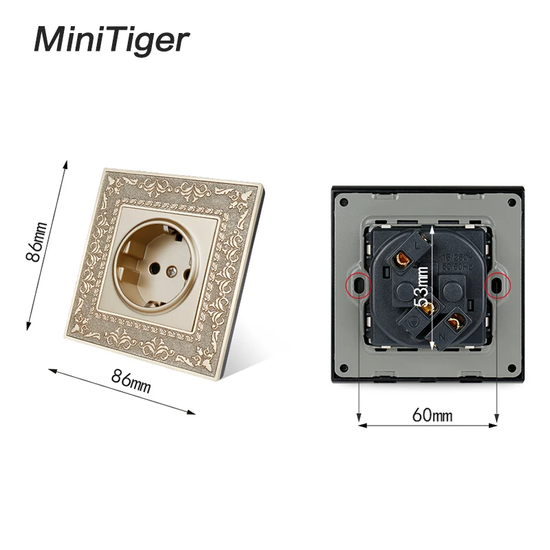 Minitiger 16A гнездо питания стандарта ЕС 4D тиснение Ретро цинковый сплав панель
