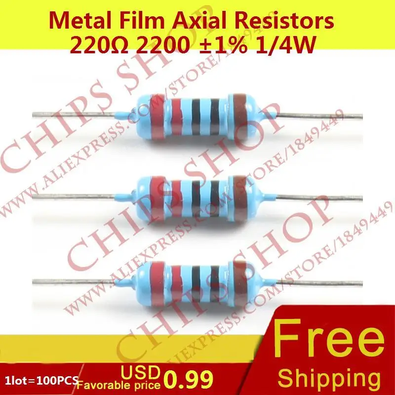 1LOT=100PCS Metal Film Axial Resistors 220ohm 2200 1 1/4W 0.25W