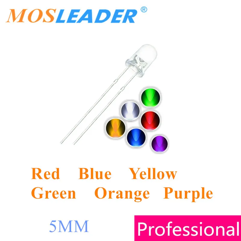 Mosleader DIP 5 мм F5 1000 шт красные, синие желтый и зеленый цвета Оранжевый Фиолетовый Короткие булавки светодиодный прозрачный светодиодный свет