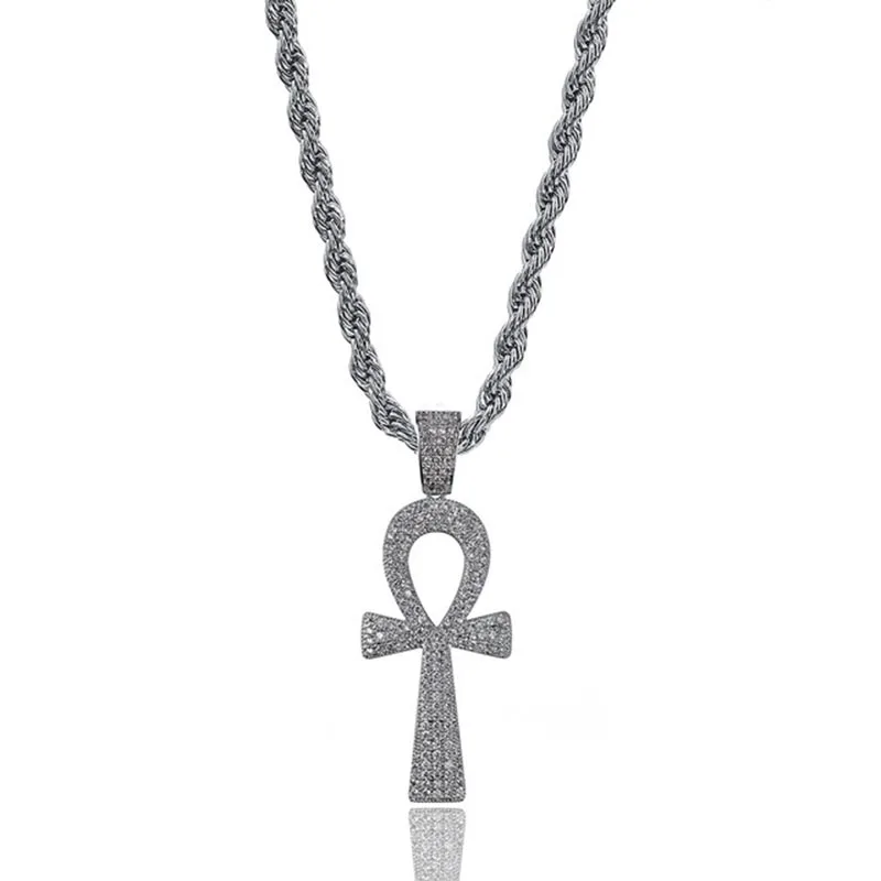 MissFox хип-хоп ожерелье АНК Египетские украшения рок стиль Полный Bling AAA кубический цирконий египетский крест кулон Веревка Цепь
