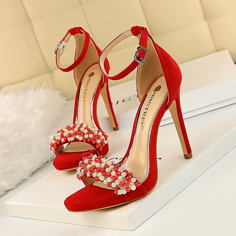 

Sandals woman luxury pearls crystal high heels bridal wedding shoes summer sexy open toe platform stiletto ladies red sandals