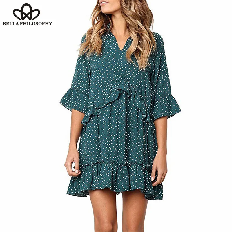 Wonder Vintage Summer V Neck Women Boho Dress Polka Dots Print Causal Loose Short Sleeve Elegant Vintage Ruffle Beach Dress 2019