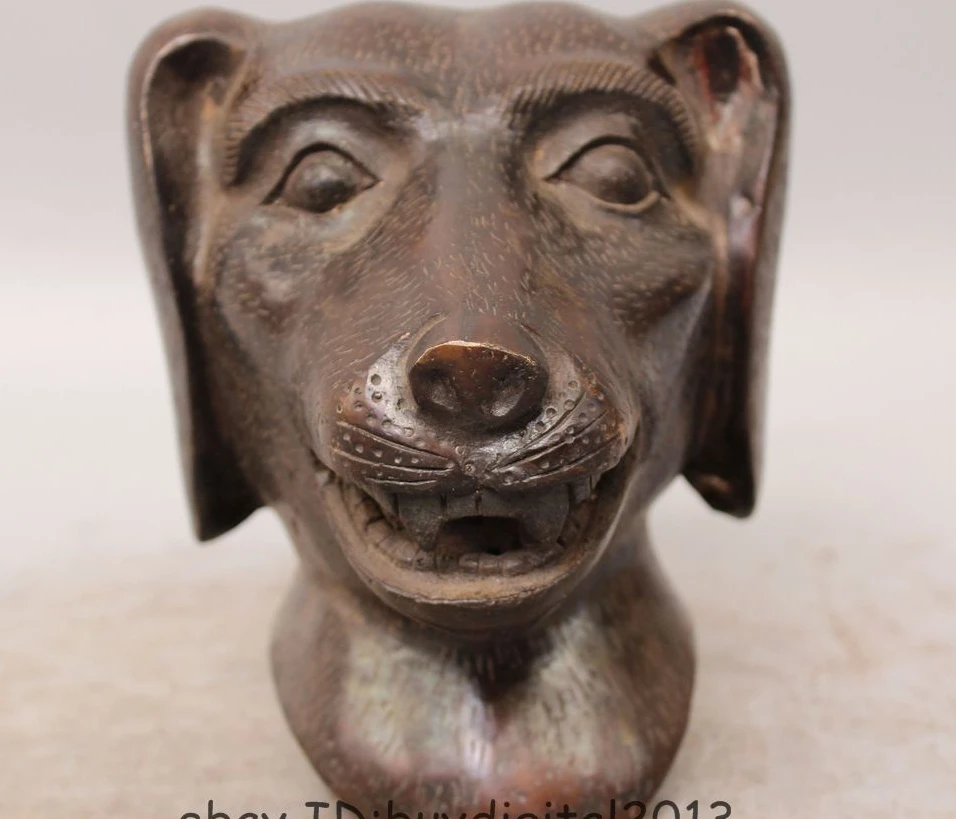 

Chinese Bronze FengShui Animals Lucky Year Zodiac Culture Fu Foo Dog Head Statue