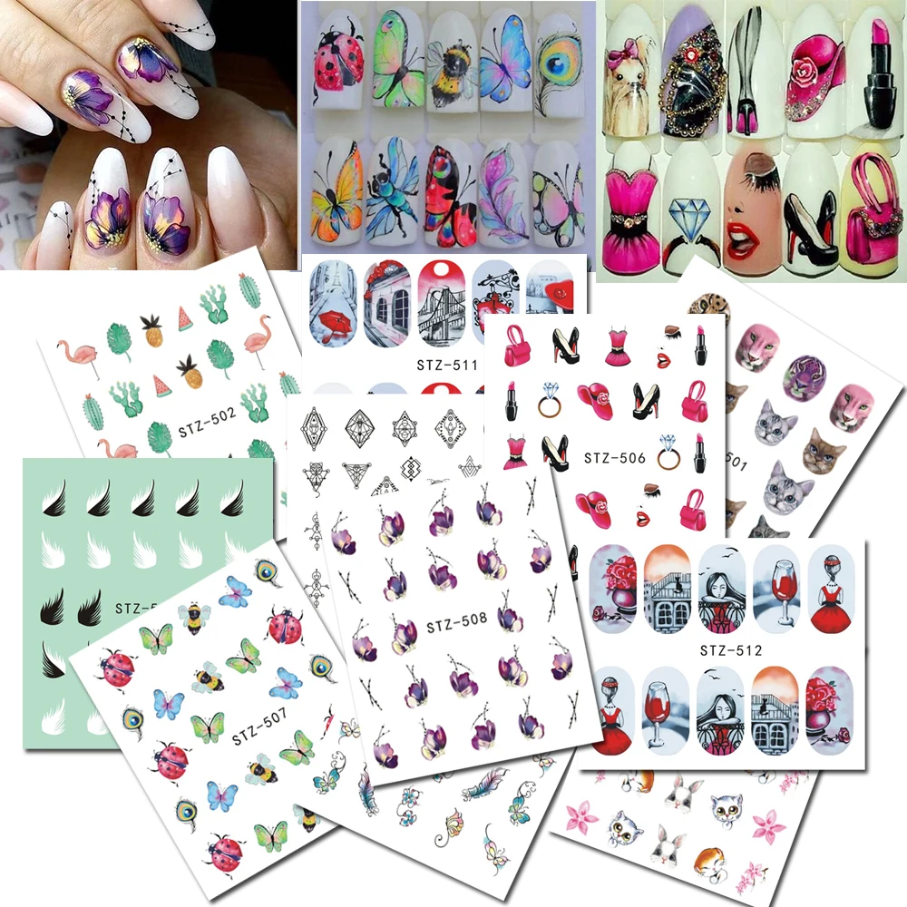 089 15 De Réduction12 Feuilles Fleurplumedessin Animé Nail Art Autocollants Transfert Deau Autocollants Mixtes Bricolage Manucure Décor Nail
