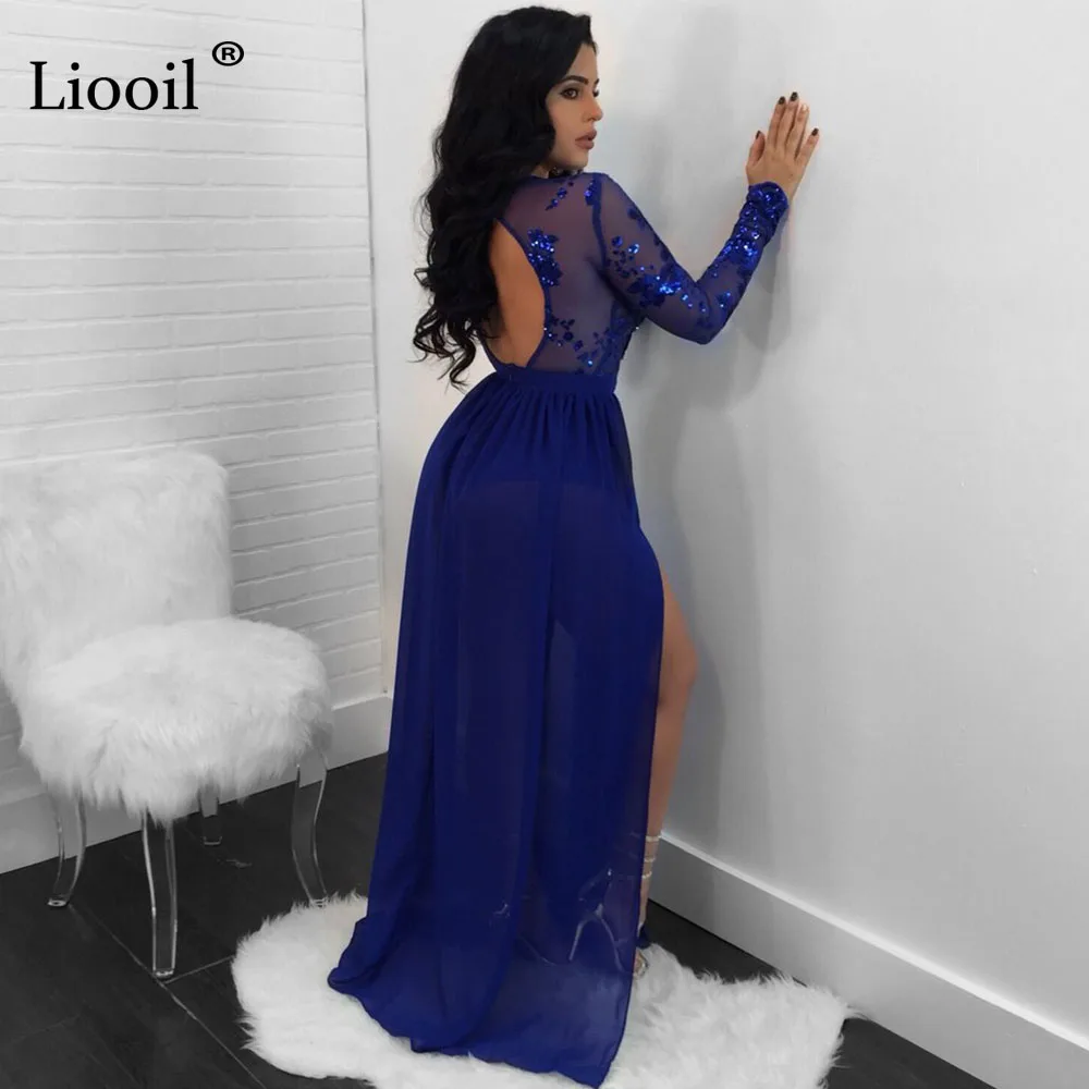 Liooil вечернее платье с блестками сексуальные с сеточкой в стиле петчворк прозрачное длинное платье с открытой спиной и длинным рукавом с открытой спиной синие красные длинные платья
