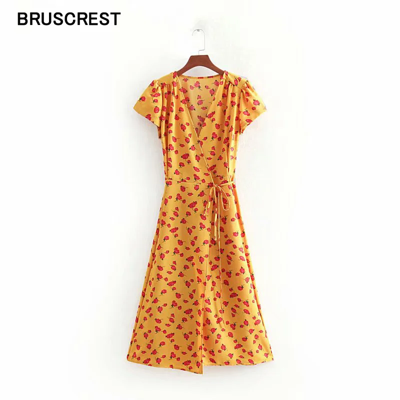 

Summer beach yellow dress vintage boho dress elegant kawaii floral casual vestidos midi wrap dress short sleeve streetwear