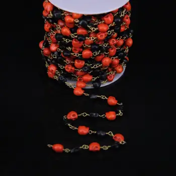 

6x8mm,Orange Black Turquoises Skull bead Rosary Chain,Mixed Turquoises Stone Brass Wire Wrapped Chain,5Meter