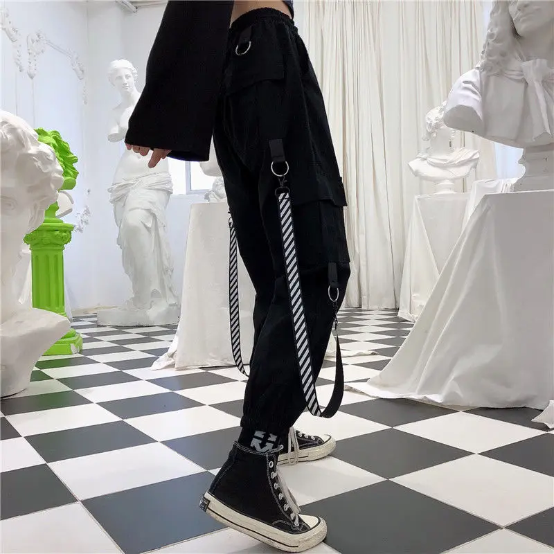 Черные женские брюки-карго с высокой талией, с карманами, в стиле пэчворк, свободные, уличная одежда, брюки-карандаш,, модные, крутые, в стиле хип-хоп, женские брюки - Цвет: Черный
