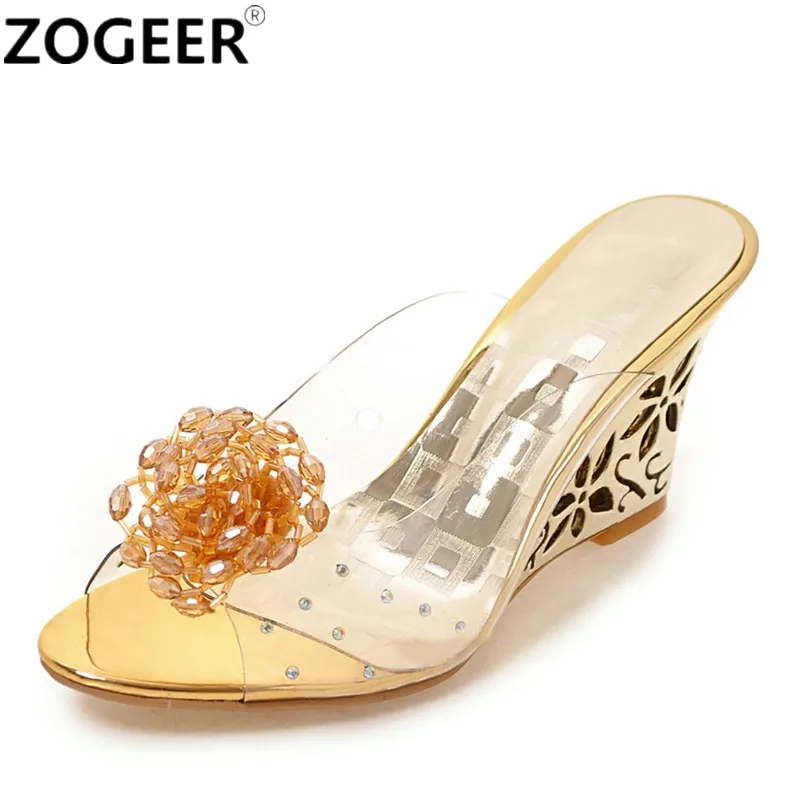 

2019 Summer Wedges Women slippers Gold Silver Fashion PVC Transparent High Heels Flip Flops Sweet Bow-tie Beach Shoes Woman