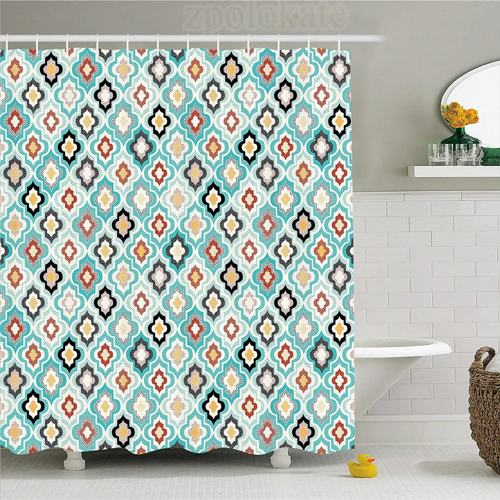 cheap Geometric Decor Shower Curtain Vintage Ottoman Floral Design with Old Fashion Heraldic Tiles Artistic Image Fabric Bathroom De