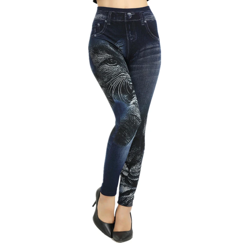 

NORMOV Fashion Women Leggings Black Cat Print Imitation Jeans Pattern Jeggings Sexy High Elastic Slim Denim Leggings Female