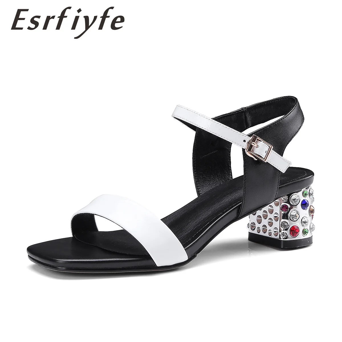 

ESRFIYFE 2018 New Genuine Leather Square Heels colors Crystal Women Sandals Summer Handmade Party Dress Sandals Big Size 42