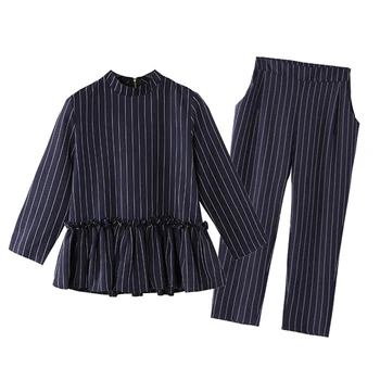 

Spring New Fashion Stripes 2 Piece Set Women O-neck Elastic Waist Two Piece Set Elegant Feminina Work Wear Women's Suit