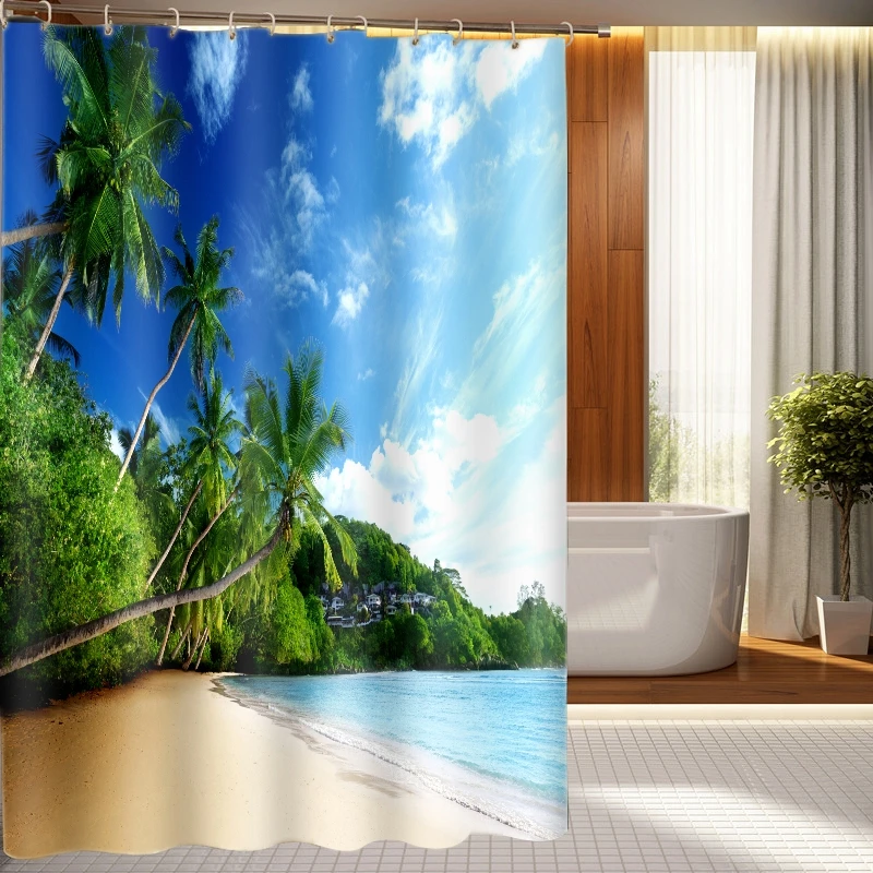 

3D shower curtain seaside sun Scenic pattern Polyester Fabric Waterproof Shower Curtain Eco-Friendly Bathroom Curtain Home
