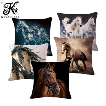 

18'' Square Horse Printed Cushion Cover Vintage Cotton Linen Square Pillow Cover Knitted Cushion Covers Customized Drop Shipping