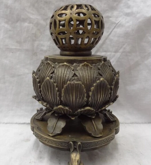 

JP S0608 10" Marked Chinese Bronze Rabbit Lotus Statue Flower Ball Incense Burner Censer