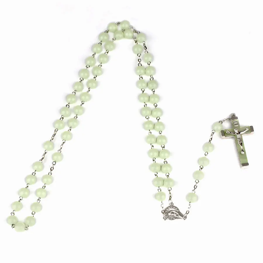 10mm Luminous Rosary Beads Necklace - Glow In Dark Rosary With Jesus Crucifix Cross, Religious Jewelry For Men & Women, Rope Acrylic Beads + Alloy