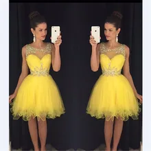 Kurze 2016 Eine Linie Scoop Neck Perlen Kristalle Plissee Short Yellow Tüll Organza prom kleid Homecoming Kleider Cocktailkleider