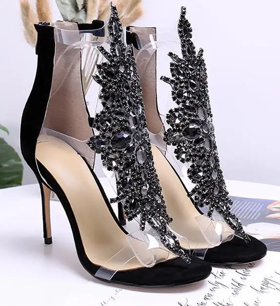 

bling bling woman flower rhinestone beading PVC high heel sandal party dress high heel diamonds beading sandal red black color