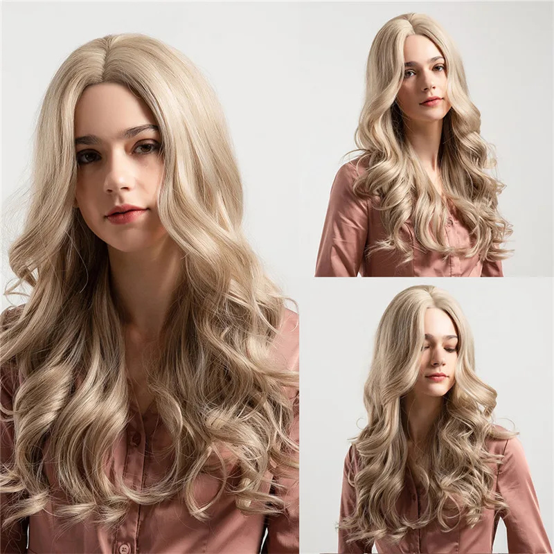 

High Quality fashion Long Curly Wig Synthetic Blonde Middle Parting Wavy Hair Costume Cosplay Salon Wigs dropship Dec13