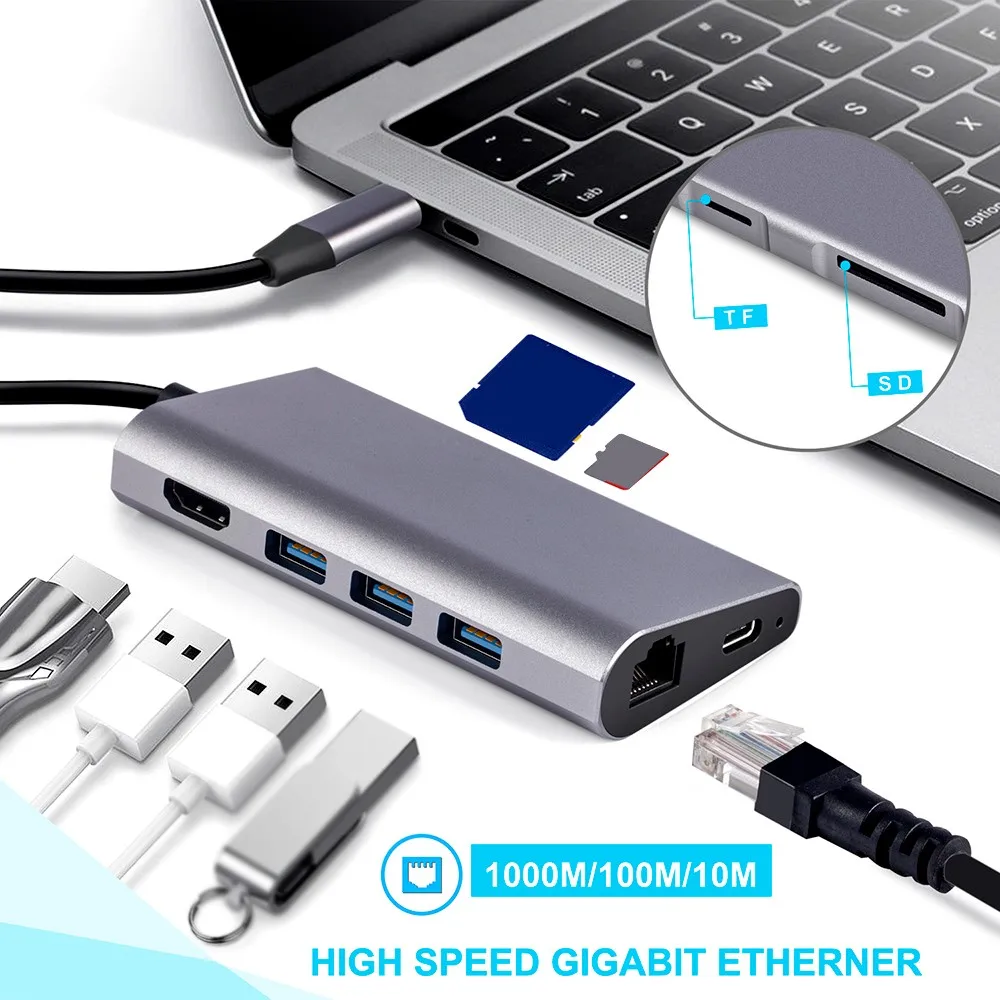 

USB C Adapter Type C Multiport Adapter HDMI Output Gigabit Ethernet SD/TF+Micro SD Card Ports 3 USB Ports For MacBook Samsung
