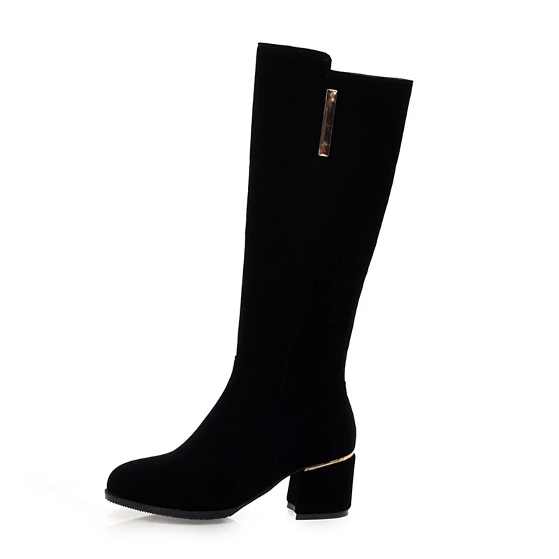 WETKISS/женские сапоги до колена на толстом каблуке с круглым носком черные обычные ботинки с металлическим декором зимние теплые женские высокие сапоги нескользящая обувь