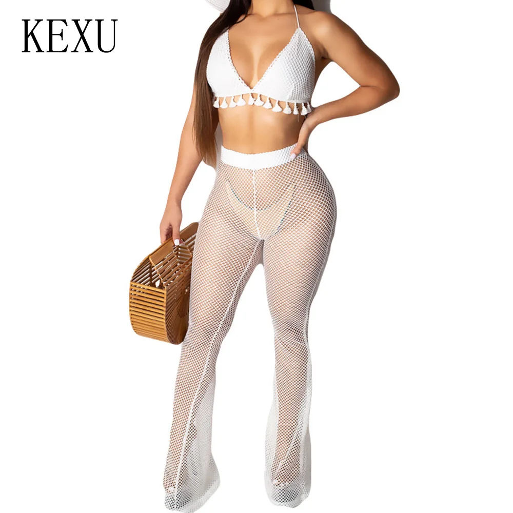 

KEXU White Two Pieces Sets Deep V-neck Halter Top+see Through Pants Summer Sexy Hollow Out Grid Playsuits Femme Beach Jumpsuits