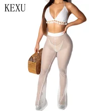 KEXU White Two Pieces Sets Deep V-neck Halter Top+see Through Pants Summer Sexy Hollow Out Grid Playsuits Femme Beach Jumpsuits KEXU White Two Pieces Sets Deep V-neck Halter Top+see Through Pants Summer Sexy Hollow Out Grid Playsuits Femme Beach Jumpsuits