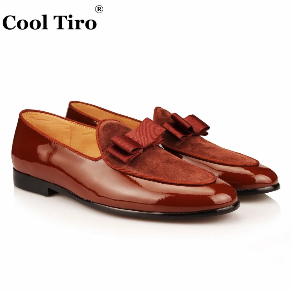 

COOL TIRO Handmade Moccasins Black Patent leather And velvet Stitching With Bow Tie Men Wedding Dress Shoes Banquet Loafer