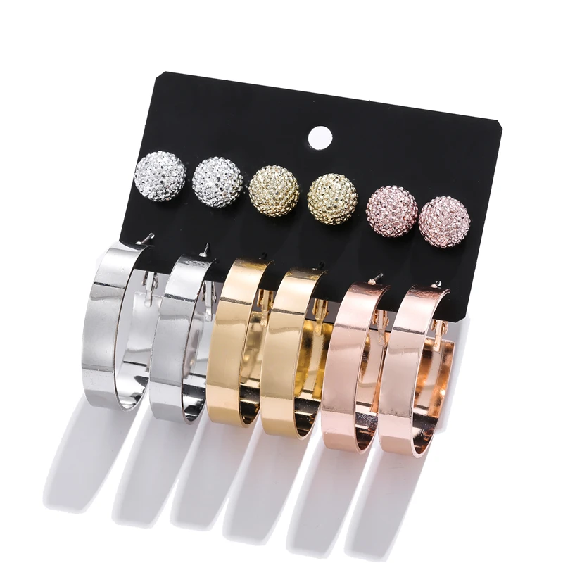 

Pack of 6 Punk 38mm Hoop Earring Set for Women Rose Gold Silver Color AB Rhinestone & Sequins Circle Aretes Aros Mujer Oreja