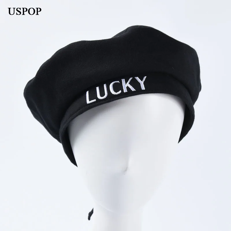

USPOP 2019 New adjustable berets for women men LUCKY letter embroidery berets couple autumn hats black blue painter hat