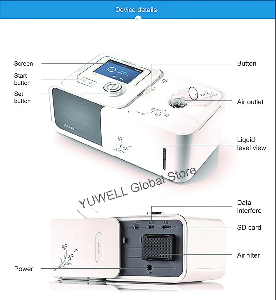 Yuwell CPAP респиратор для умного дома с увлажнителем CPAP маска шланг сумка для сна Храп апноэ стоп храп дыхательная машина