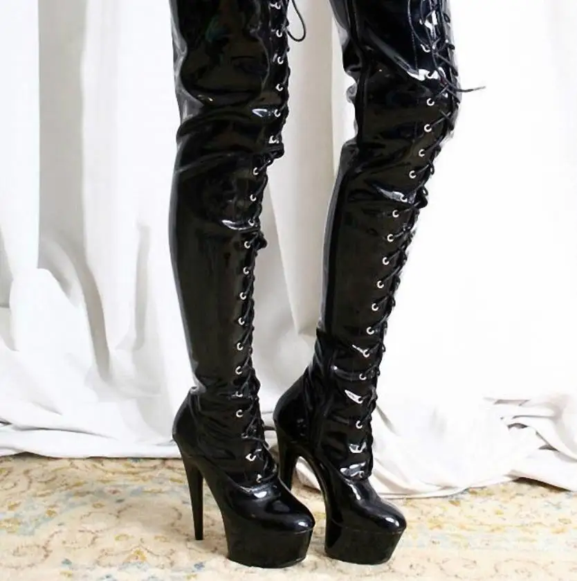 

Autumn and winter new front tether with a knee over 15 CM ultra-high fine heel waterproof platform large size women's boots