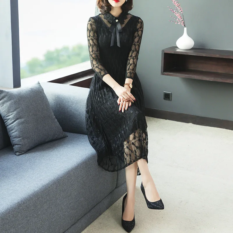 

BONJEANChiffon dress 19 new summer women's solid color lace stitching high collar large size loose pleated dress female Vestidos