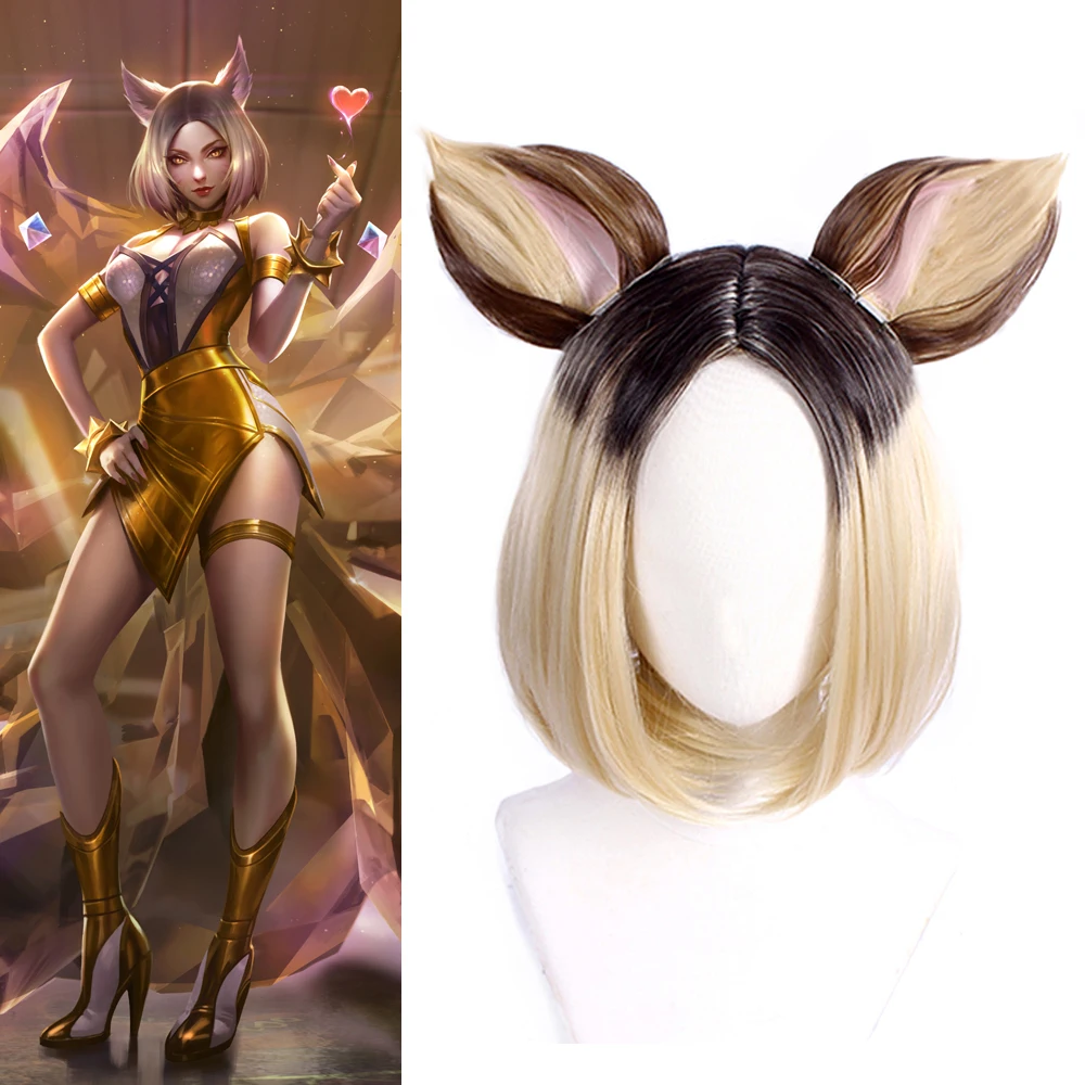 

2019 KDA K/DA Ahri Prestige Edition Skin Cosplay Wigs with 2 Ears Heorine Clip on Ponytail Party Hair Women Gift Props Halloween
