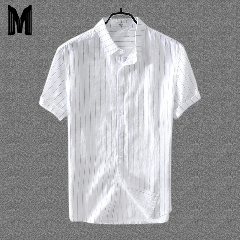 

100%Linen Stripes Shirts Men Summer New Turn-down Collar Causal Vertical Stripes Short Sleeve Shirt Y1644