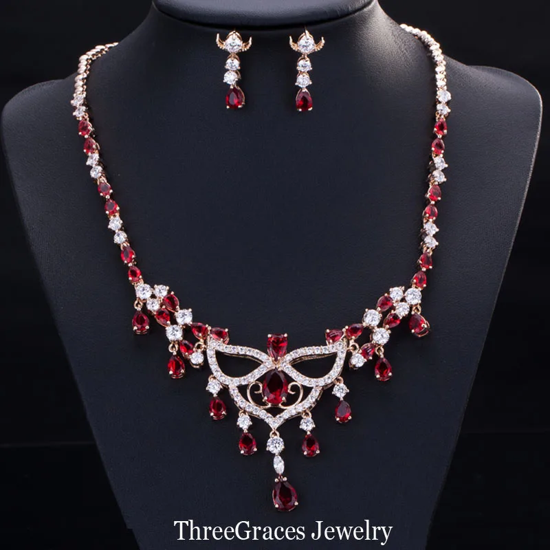 ThreeGraces Luxury Indian Red CZ Diamante Jewelry Gold Color Austrian Crystal Big Dangle Necklace Earrings Set For Women JS149